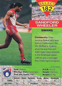 1994 Select AFL #182 Sanford Wheeler Back